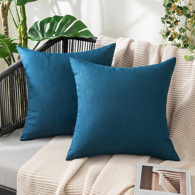 MIULEE Pack of 2 Decorative Outdoor Solid Waterproof Throw Pillow Covers Faux Linen Garden Farmhouse Coastal Cushion Cases for Summer Patio Tent Balcony Couch Sofa 20x20 Inch Blue