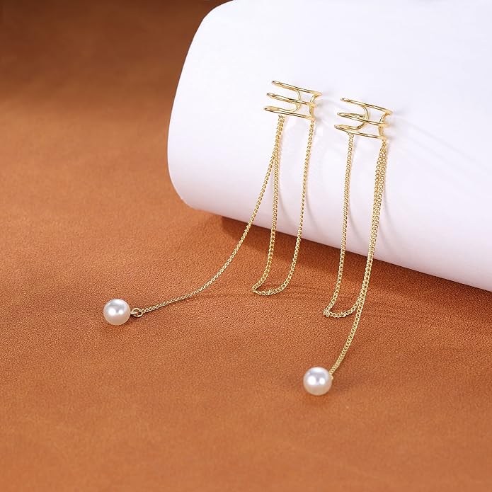 SLUYNZ 925 Sterling Silver No Piercing Cuff Earrings Chain for Women Wrap Earrings Pearl Tassel Clip On Ear