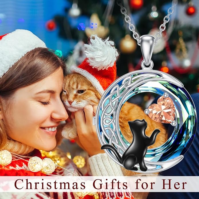 TOUPOP Cat Gifts for Cats Lovers 925 Sterling Silver Black Cat Necklace Celtic Moon Birthstone Jewelry for Women Anniversary Birthday Gift for Her Wife Mom
