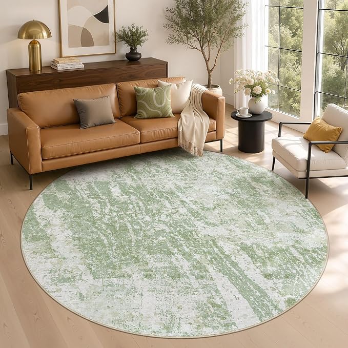 DMOYEST 6ft Round Washable Area Rug for Living Room: Modern Abstract Neutral Circle Carpet, 6x6 Soft Low Pile Non-Slip Floor Mat for Bedroom Under Dining Table, Kids & Pet - Green