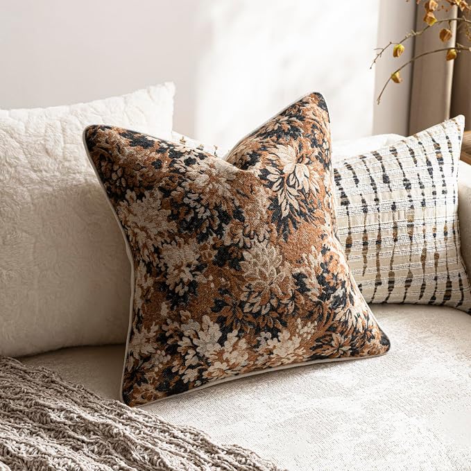 DEZENE Pack of 2 Vintage Floral Throw Pillow Covers 18x18 Boho Farmhouse Accents Chenille Square Decorative Pillow Cases for Living Room Couch Bed Home Decor, Cognac