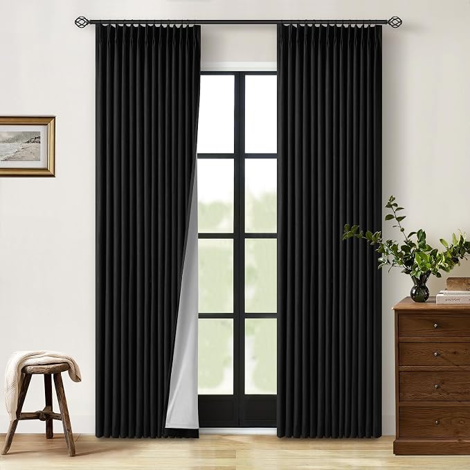 Black Pinch Pleated 100% Blackout Linen Curtains for Bedroom 84 Inch Length | Room Darkening with Liner, Memory Shape Pleat Back Tab, Thermal Insulated, for Living Dining Room Window, W40xL84 2 Panels