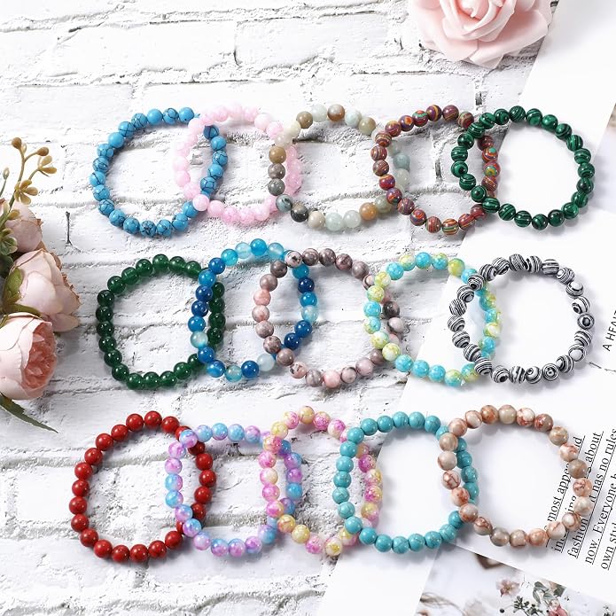 Landical 24 Pcs Gemstones Beaded Bracelets Bulk for Women Men 8mm Stretch Round Semi Precious Stone Bracelets Set