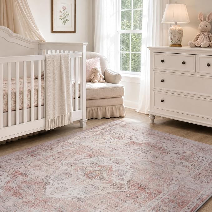 AMOAMI-4X6 Area Rugs for Living Room -Soft Vintage Bedroom Rugs-Non Slip Washable Rug-Throw for Living Room Bedroom Bedside Dining Room Offic - Pink