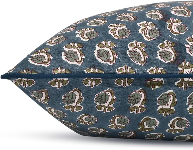 Ridhi Block Print Peacock Blue Pillow Cover 18" x 18" (Pack of 2) Decorative Couch Pillows for Living Room, Farmhouse Chic Boho Cute Outdoor Pillows Covers Gifts for Spring, Mother's Day