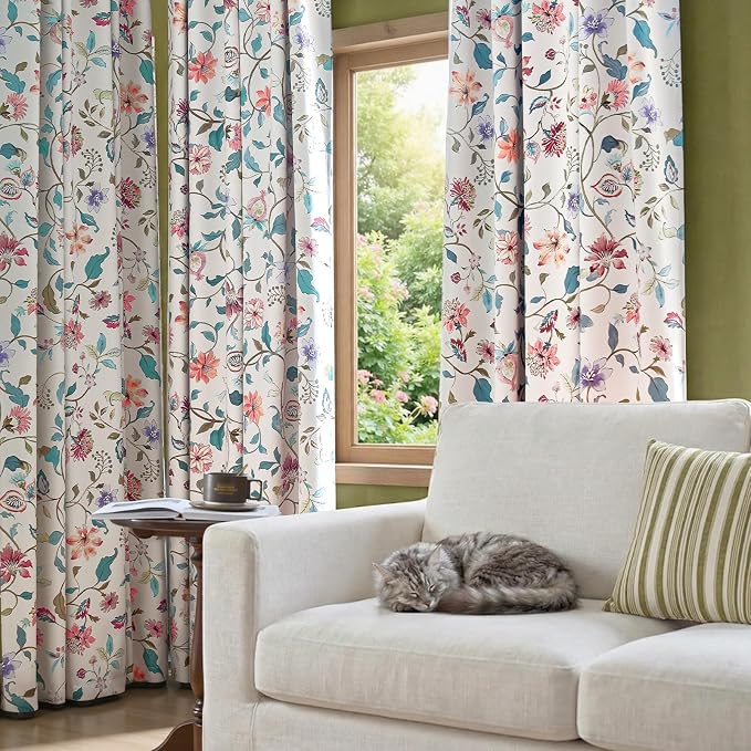 jinchan Beige Floral Blackout Curtains 96 Inch Back Tab 2 Panels Set | Room darkening, cream elegant vintage farmhouse drapes, botanical floral print, bedroom, living room, window treatment