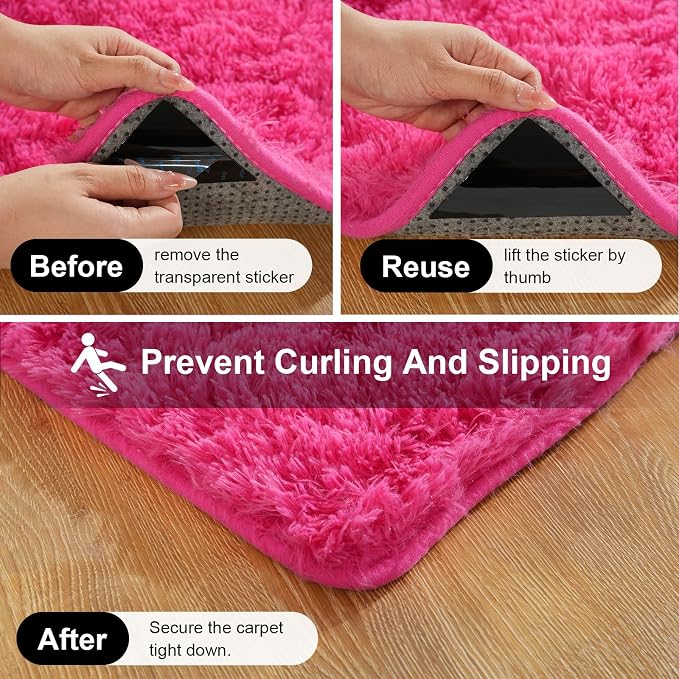 2x3 Rugs for Bedroom, Fluffy Area Rugs for Living Room, Small Fuzzy Shag Soft Carpet with 4 Non-Slip Adhesive Strips for Kids Boys and Girls Nursery Dorm Room Home Decor (2ft X 3ft, Hot Pink)