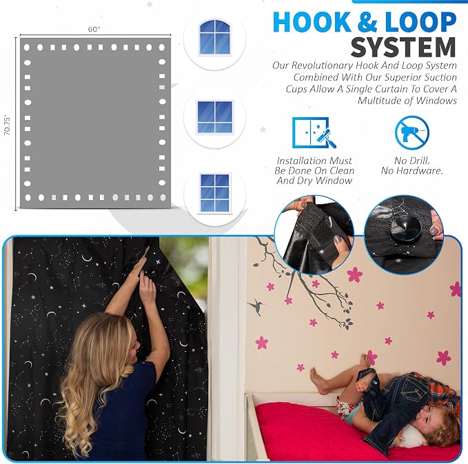 Portable Blackout Curtains (60" x 80") - Travel Blackout Curtains for Baby Nursery w/Stars - Portable Blackout Shades w/UV & Thermal Protection - 20 Stick on Suctions & Velcro Blackout Window Cover