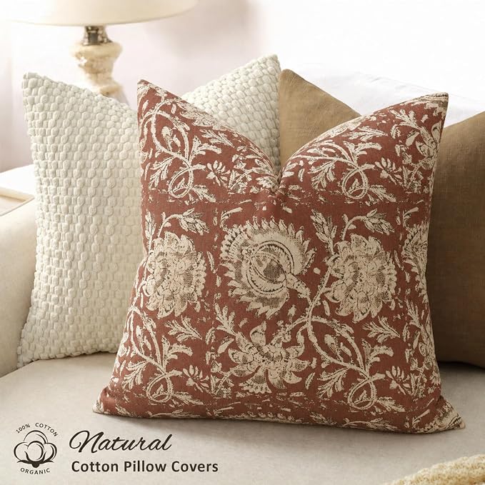 Fall Pillow Covers 22x22 Set of 2 Printed Floral Throw Pillows Farmhouse Pillow Cases Vintage Decorative Cushion Covers Fall Decorations for Couch Sofa Chair Bed Living Room, Rust