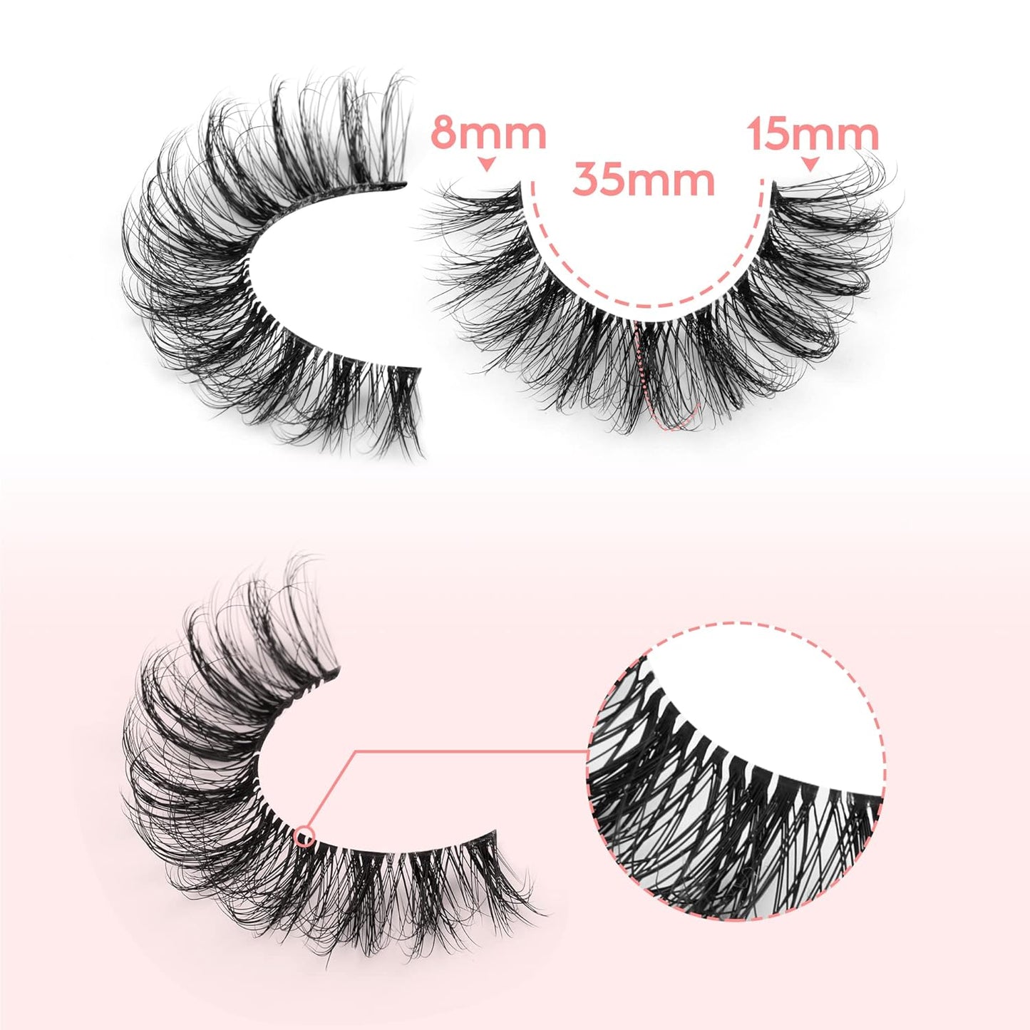 JIMIRE Eyelashes with Clear Band Wispy Curly 15mm 3D Faux Mink Lashes Fluffy Natural Volume Cat Eye Fake Lashes 7 Pairs Pack