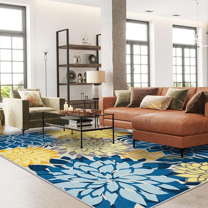 Colorful 6x9 Outdoor Area Rug Washable Multicolored Patio Rug Tropical Botanical Floral Chenille Waterproof Outdoor Carpet Non-Slip for Patio, Deck, Backyard, Porch, Ocean Dahlia