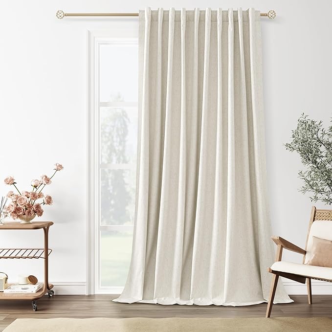 Guken Extra Wide 100% Blackout Linen Curtains for Bedroom 108 Inch Long 9 FT Natural Cream Black Out Curtain Back Tab Room Darkening Window Drapes for Living Room 1 Panel Beige Ivory 70x108