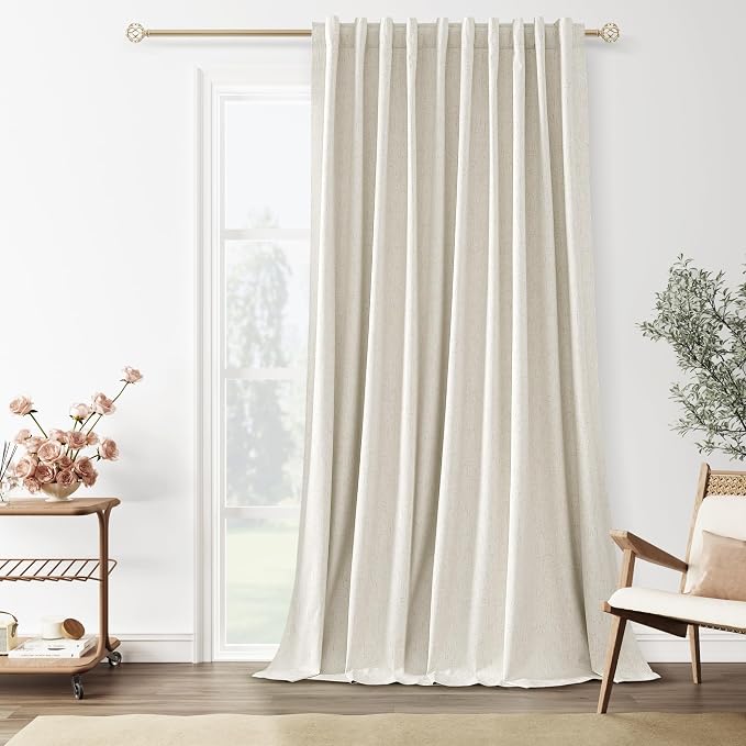 Guken Extra Wide 100% Blackout Linen Curtains for Bedroom 102 Inch Long Natural Cream Black Out Curtain Back Tab Room Darkening Window Drapes for Living Room 1 Panel Beige Ivory 70x102
