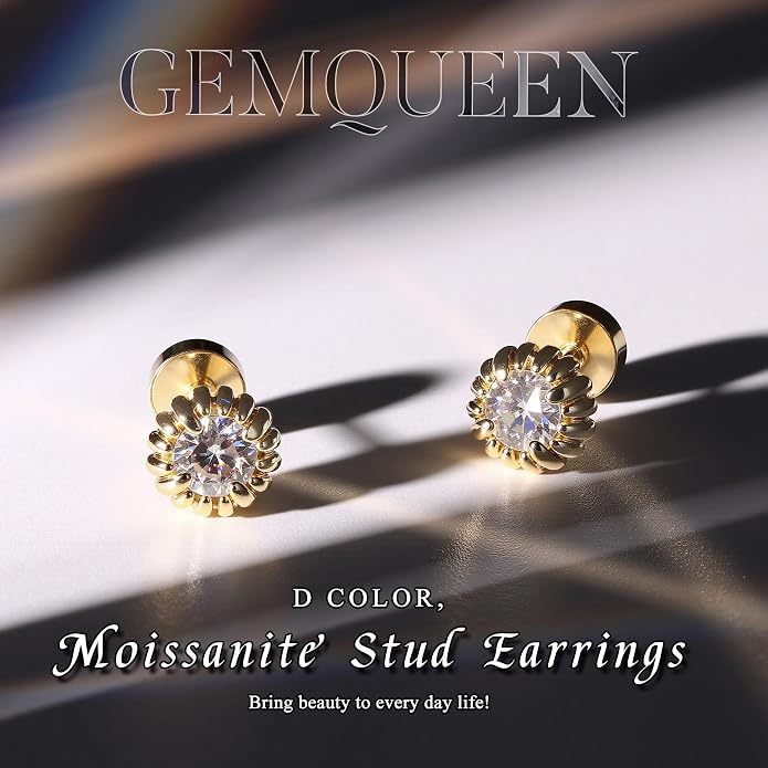 GEMQUEEN Moissanite Earrings Studs Flat Back Earrings Hypoallergenic - 14K Gold Plated Sterling Silver Earring for Women Men Small Dainty Cartilage Helix Piercing Jewelry D Color VVS1