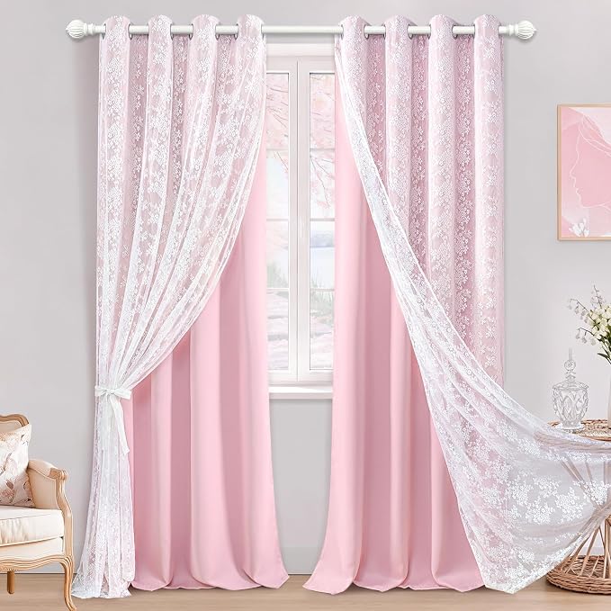 Yinhua Pink Curtains for Girls Room Double Layer Blackout Curtains for Bedroom 96 Inches Long Nursery Curtain for Living Room, Grommet Drapes with Tiebacks, 52" W x 96" L