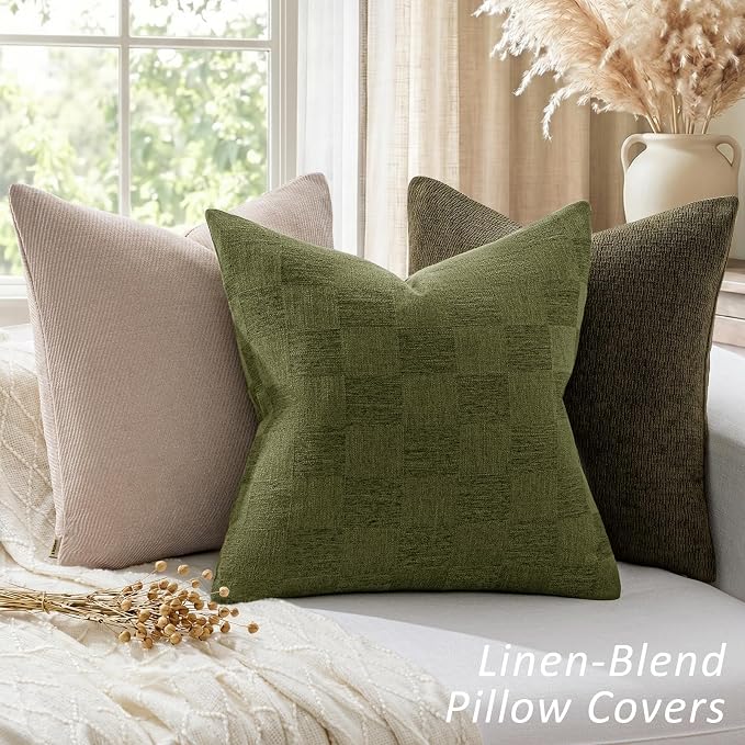 A moment Set of 2 Decorative Linen Throw Pillow Covers,Large Grid Textured Neutral Boho Farmhouse Cushion Covers,Soft Aesthetic Pillowcases for Couch Sofa Living Room Home Decor,20x20 Inch,Olive Green
