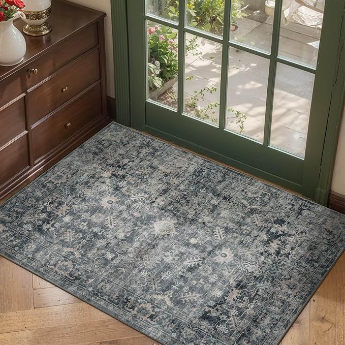 Rugxara 2x3 Entryway Rug Door Mat, Washable Samll Rug, Non Slip, Blue | Rug for Entry Entrance Bathroom Kitchen, Stain Resistant, Soft Throw Accent Rug, Low Pile Front Door Mat, Vintage Boho Carpet