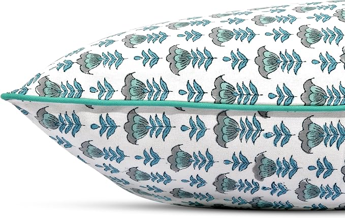 Ridhi Block Print Aquamarine Blue Pillow Cover 20" x 20" (Pack of 2) Decorative Couch Pillows for Living Room, Farmhouse Chic Boho Cute Outdoor Pillows Covers Gifts for Spring, Mother's Day