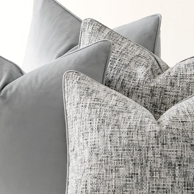 a moment Grey 4 Pack Throw Pillow Covers - Chenille & Velvet Set with Piping, Farmhouse Textured Design Pillow Cases for Couch Sofa Bed Livingroom (20x20 Inch, No Insert)