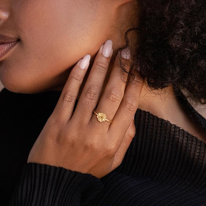 Birth Flower Ring for Women 14K Gold Plated Floral Minimalist Stackable Finger Jewelry Birthday Gifts
