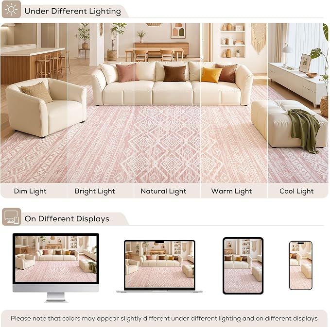 Nakagishi Area Rug Living Room Rugs: 5x7 Large Soft Machine Washable Boho Moroccan FarmNeutral Stain Resistant Indoor Floor Carpet for Bedroom Under Dining Table Home Office Decor-Pink