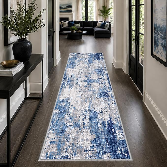 RELEANY Washable Area Rugs 2'x6' Non-Slip Modern Abstract Soft for Living Room Entryway Bedroom Kitchen, Print Pattern, Blue Grey Navy Gray