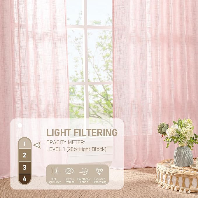 LAMIT Semi Sheer Linen Curtains 45 Inches Long, Light Filtering Panels Back Tab and Rod Pocket Neutral Drapes for Girls Room/Window/Bedroom, Pink, 2 Panels, 52 x 45 Inch