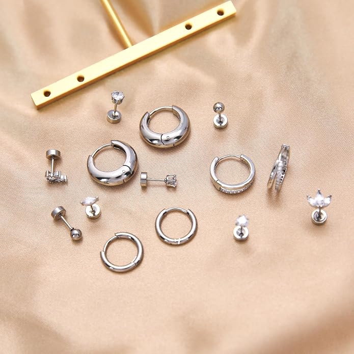 Stainless Steel Stud Earrings Set for Women Hypoallergenic Flat Back Cartilage Earrings Screw Back Huggie Hoop Earrings Multiple Piercing Cubic Zirconia Helix Tragus Jewelry