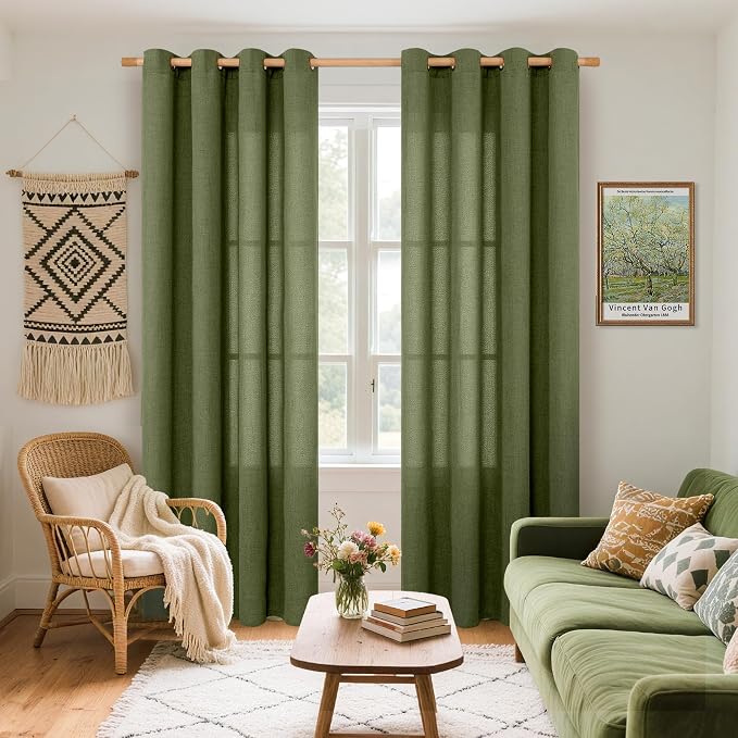 YoungsTex Olive Green Linen Curtains for Living Room with Grommet | 84 Inches Long Light Filtering Drapes Textured for Dining Bedroom Window, 2 Panels, 52 X 84 Inch
