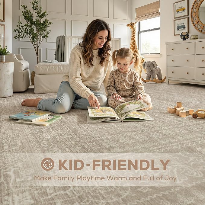 Nakagishi 9x12 Area Rugs Living Room: Washable Large Vintage Rug Neutral Non-Slip Soft Stain Resistant Indoor Carpet for Bedroom Nursery Dining Room Office Playroom - Brown
