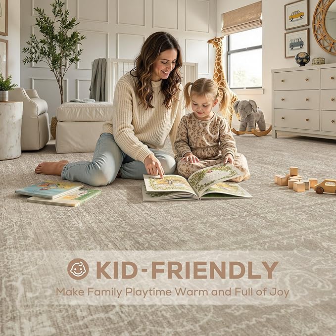 Nakagishi 6x8 Area Rugs Living Room: Washable Large Vintage Rug Neutral Non-Slip Soft Stain Resistant Indoor Carpet for Bedroom Nursery Dining Room Office Playroom - Brown