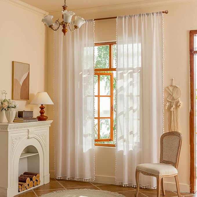 MYSKY HOME White 63 inch Length Semi Sheer Curtain for Short Window Light Filtering Privacy Protect Drapes Set, Back Tab Bohemian Farmhouse Home Decor,50" x 63", Pure White， 2 Pieces