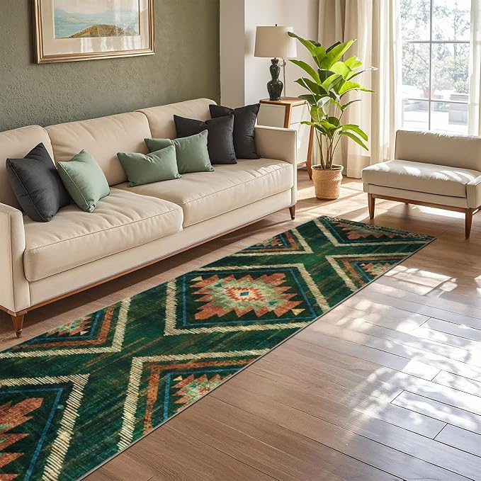 2x10Ft Boho Runner Rugs for Hallway Non Slip, Green Washable Kitchen Rugs, Soft Moroccan Farmhouse Entryway Runner, Low Pile Geometric Floor Carpet for Entrance Bedroom Home Decor