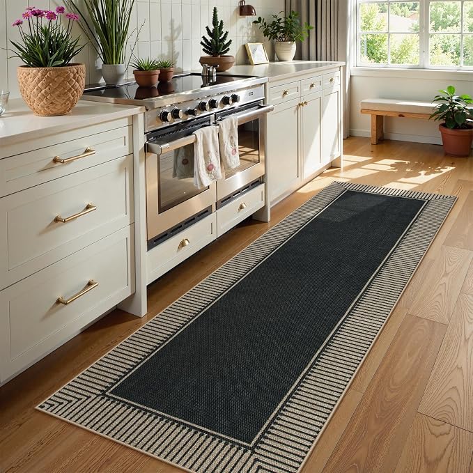 Moynesa Washable Black Striped Border Easy Jute Runner Rugs 2x6, Entryway Rug Runners for Kitchen, Farmhouse Indoor Outdoor Non Slip Carpet for Hallways Bathroom Bedroom Laundry