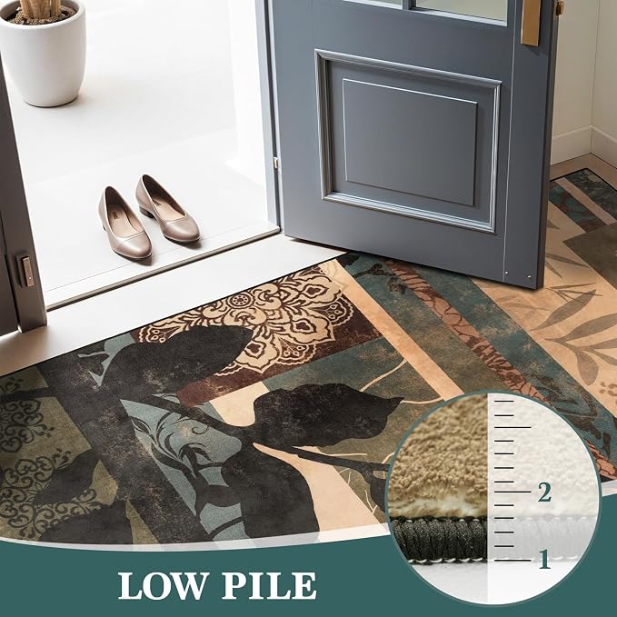 LIANLAM 8x10 Washable Area Rugs for Living Room and Bedroom(8x10,Leaf) | Non-Slip Large Carpet,Vintage Checkered Pattern, Stain Resistant Faux Wool Low Pile Soft Rug for Dining Room,Office,Nursery