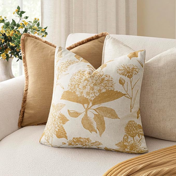 Foindtower Set of 2 Linen Floral Vintage Throw Pillow Covers Neutral Accent Print Decorative Cozy Cushion Covers Farmhouse Home Decor for Sofa Chair Couch Bed Living Room,22×22 Inch,Light Yellow
