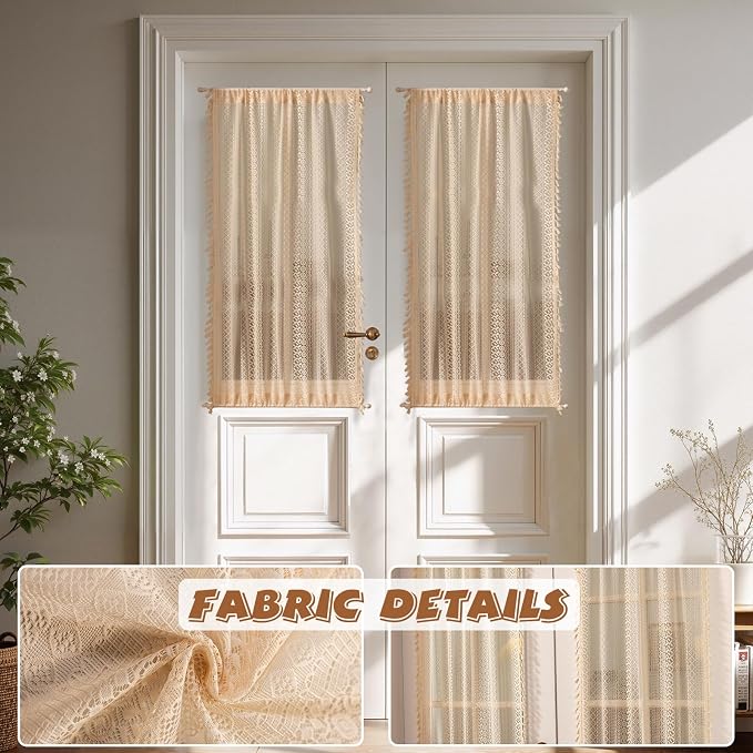 Sutuo Home Beige Door Curtains for Doorway Glass & Sidelights, Vintage Chic Privacy Print Drapes French Country Handmade Tassels Xmas Boho Curtains for Front Door, Rod Pocket 2 Panels 25" W x 40" L