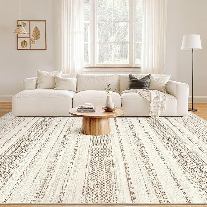 Nakagishi 9x12 Area Rug Living Room: Washable Boho Large Neutral Modern Soft Farmhouse Rugs Stain Resistant Indoor Floor Non-Slip Carpet for Bedroom Nursery Kids Playroom Office Dining Room- Brown
