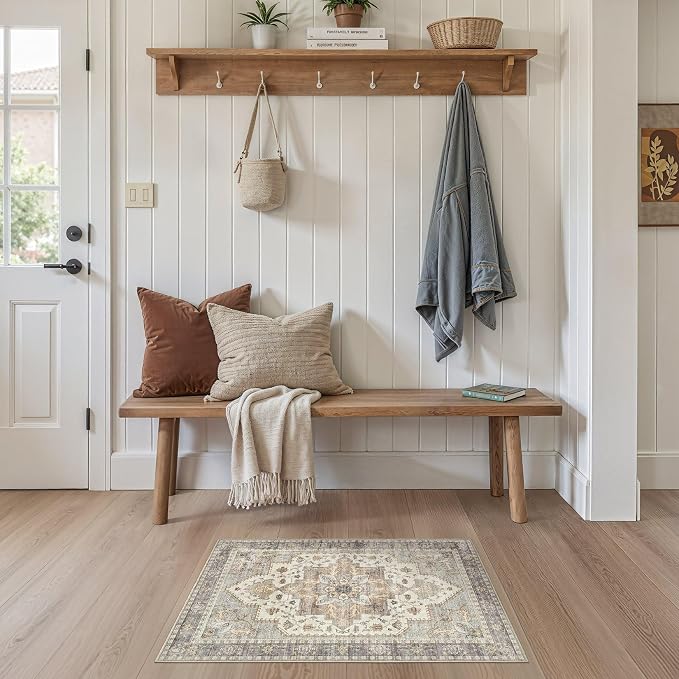 Tortania Area Rug 2x3 Doormat - Washable Vintage Oriental Farmhouse Soft Thin Indoor Carpet for Living Room Bedroom Hallway Entryway Kitchen - Greige