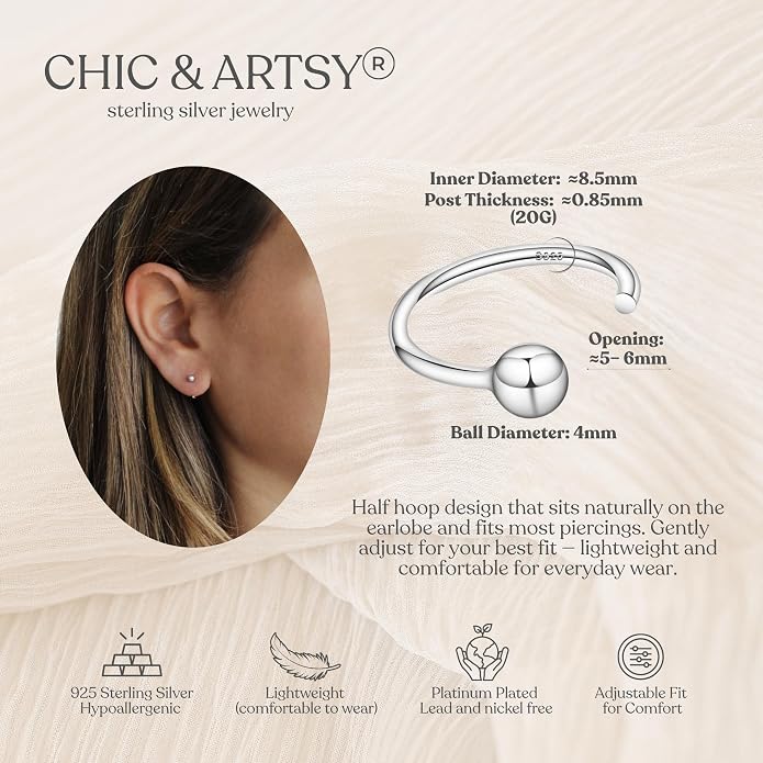 CHIC & ARTSY 925 Sterling Silver Half Hoop Earrings for Women, Small Huggie Hoops Set with Ball Bar Star Moon Cross & Pearl, Lightweight Comfort Fit Everyday & Sleep Earrings