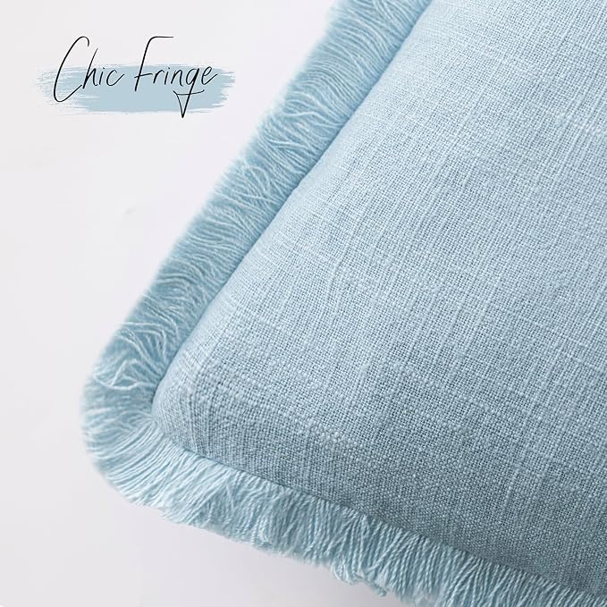 Foindtower Set of 2 Decorative Linen Fringe Throw Pillow Covers Cozy Boho Farmhouse Cushion Cover with Tassels Soft Accent Pillowcase for Couch Sofa Bed Living Room Home Decor,24×24 Inch,Light Blue