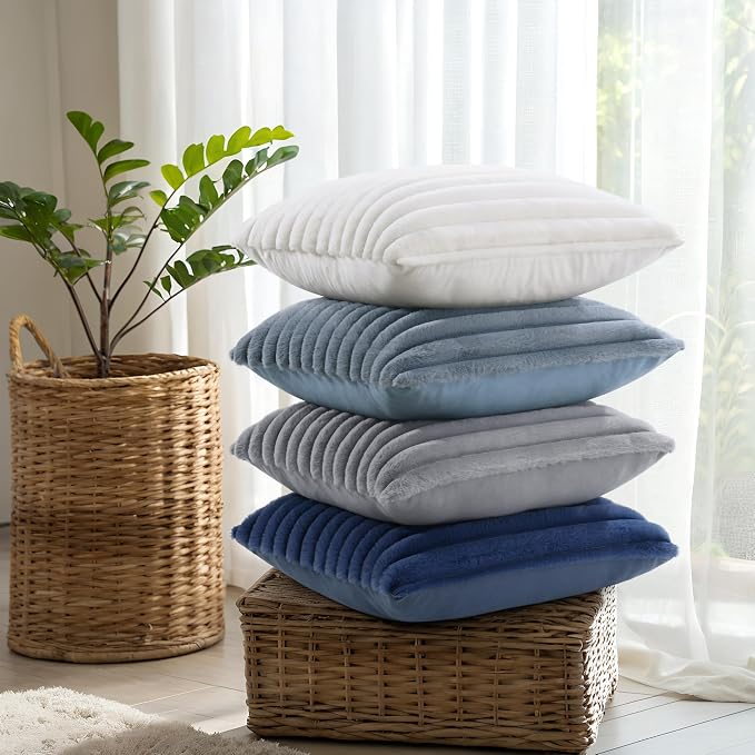 decorUhome Fall Faux Fur Throw Pillow Covers 20x20 Set of 4 Blue/Grey | Decorative Modern Farmhouse Soft Cozy Striped Pillow Cases Velvet Back for Sofa Bed Living Room Classic Accent Home Decor