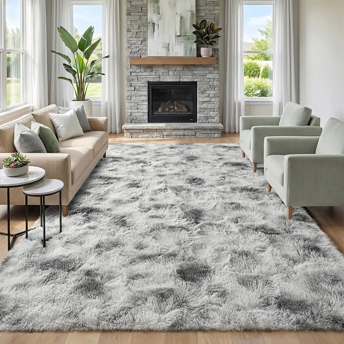 Fluffy Rugs for Living Room:Tie-dye White Grey Soft Shag Rug for Bedroom, Large Fuzzy Plush Indoor Floor Carpet Non Slip Modern Rug for Nursery Boys Girls Kids Room Dorms Home Decor, 9x11 Feet