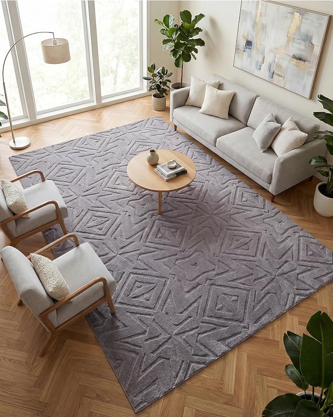 Carvapet 6x9 Area Rug - Grey Kaleidoscope Modern 3D High Low Pile Texture Floor Carpet, Luxurious Washable Soft Plush Rug with Skid-Resistant Backing for Living Room Dining Room