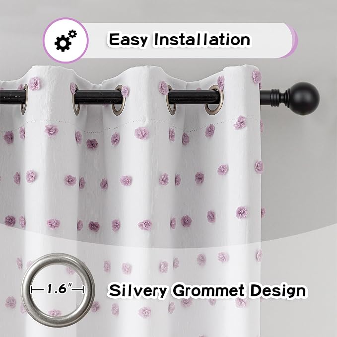 MYSKY HOME 100% Blackout Curtains for Girls Bedroom 63 Inch Long Purple Pom Pom Curtains for Kids Room 2 Panels Room Darkening Window Treatment 2 Layered Drapes Toddler Grommet 52W x 63L