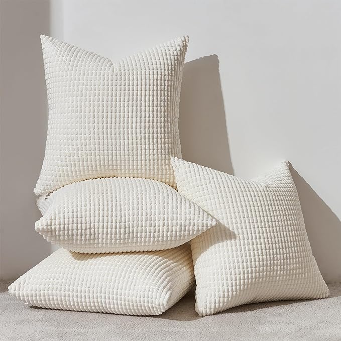 Topfinel 24x24 Inch Small Throw Pillow Covers Pack of 4 for Living Room Couch Bed Soft Corduroy Windmill Textured Boho Striped Patchwork Pillow Covers House Decor,Cream