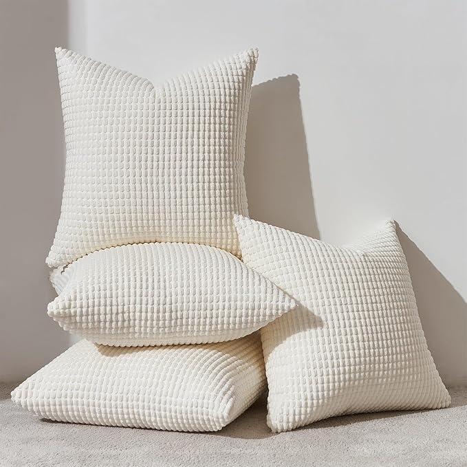 Topfinel 4 Packs Cream White Decorative Throw Pillow Covers 16x16 Inch for Living Room Couch Bed Sofa, Boho Western Farmhouse Home Decor, Soft Plush Corduroy Cute Square Beige Cushion Case 45x45 cm