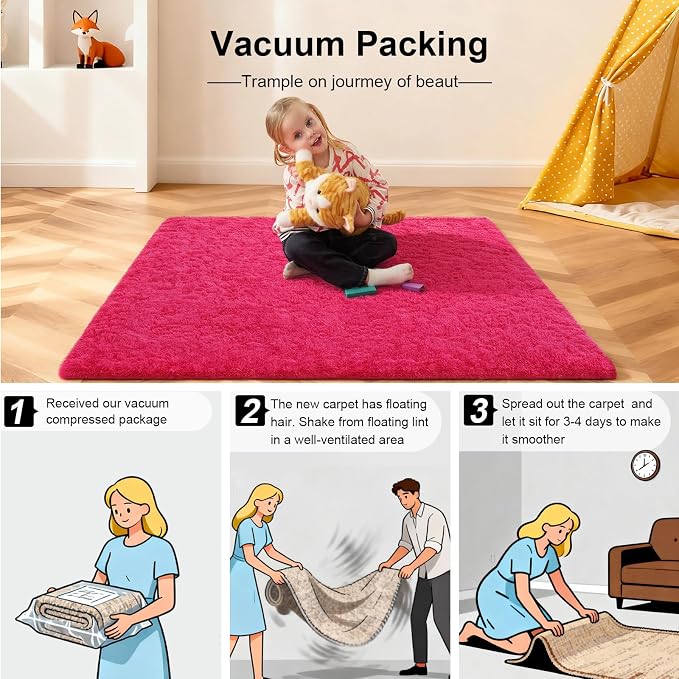 2x3 Rugs for Bedroom, Fluffy Area Rugs for Living Room, Small Fuzzy Shag Soft Carpet with 4 Non-Slip Adhesive Strips for Kids Boys and Girls Nursery Dorm Room Home Decor (2ft X 3ft, Hot Pink)