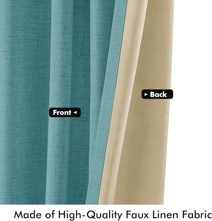 MIULEE 100% Blackout Linen Curtains for Bedroom 42 x 90 Inch Teal 2 Panels | Thermal Insulated, Room Darkening Drapes for Living Room, Back Tab Rod Pocket Pinch Pleated, Solid Luxury Decor