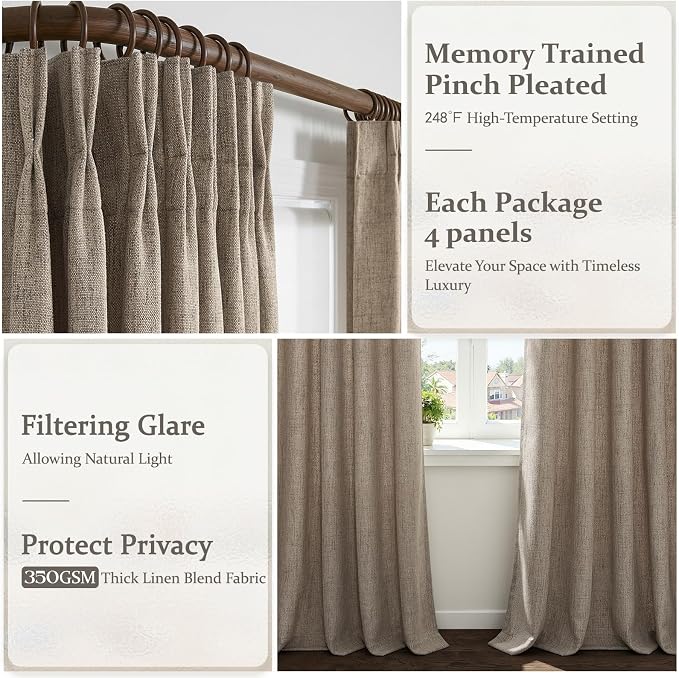 Thick Linen Dark Flax Semi Sheer Curtains 84 Inches Long for Bedroom 4 Panels Set, Memory Shape Pleated Light Filtering Living Room Viral Curtain Brown Colored Privacy Rustic Window Drapes 7FT Length